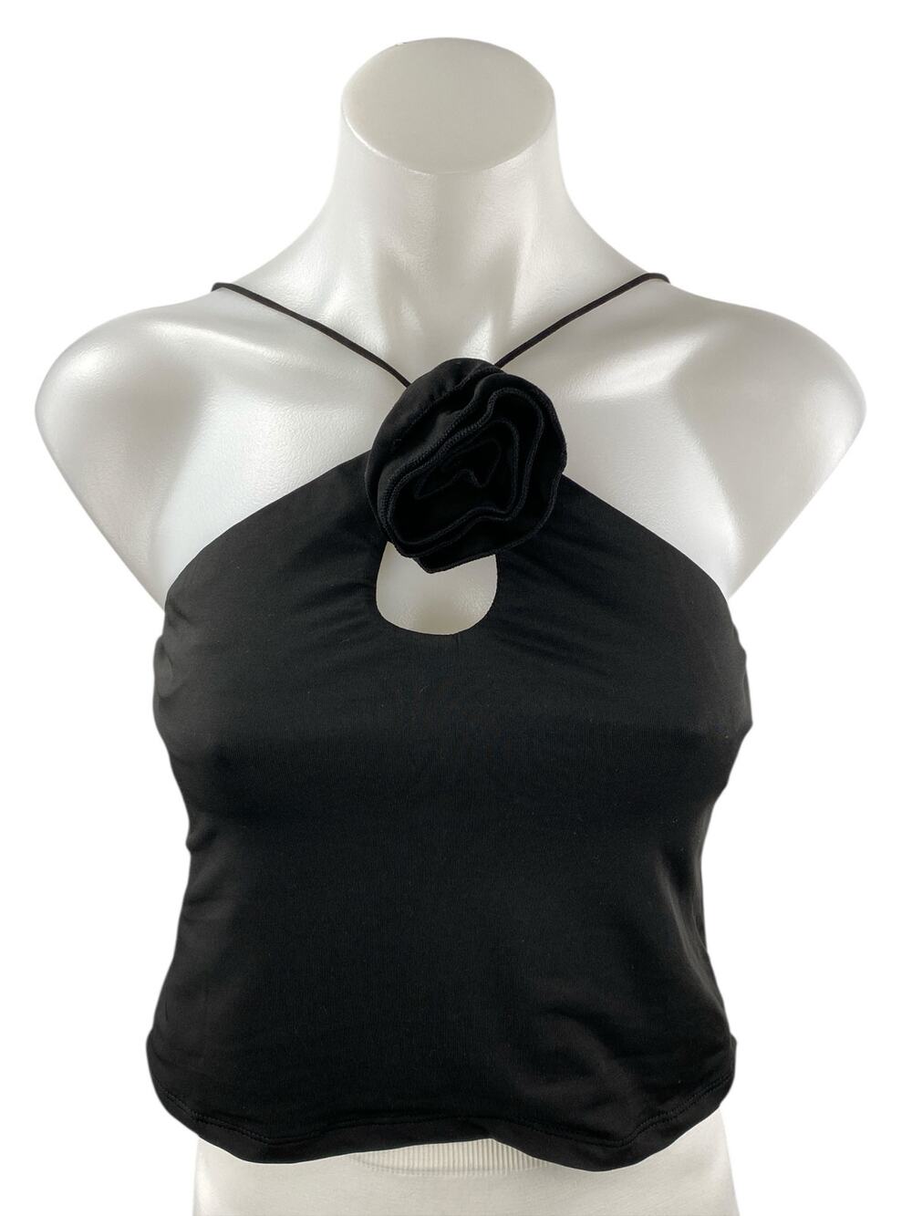 NEW White Fox Black Flower Keyhole Sleeveless Halter Camisole Crop Tank Top M